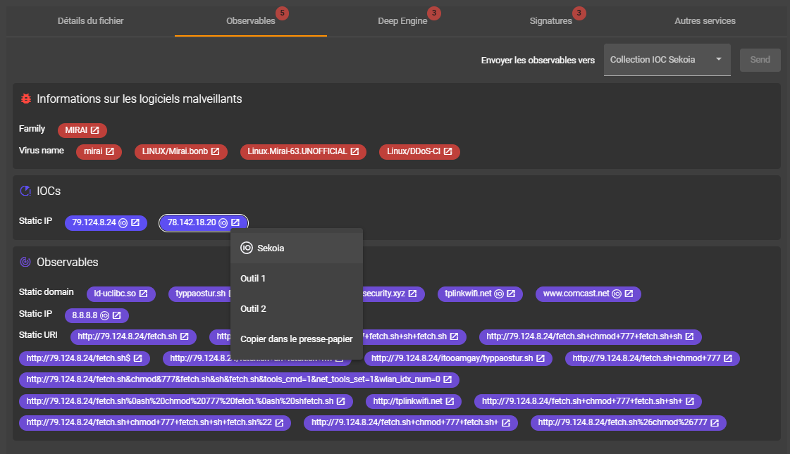 interface glimps malware expert avec les liens pivots 