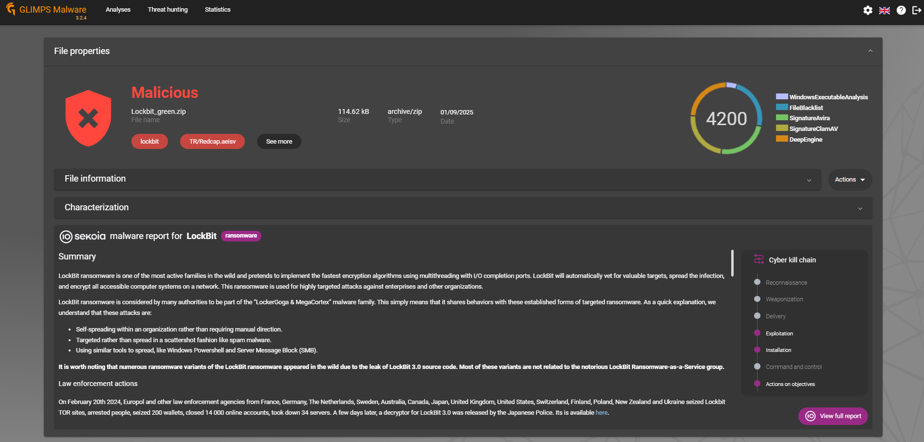 threat description in glimps malware expert