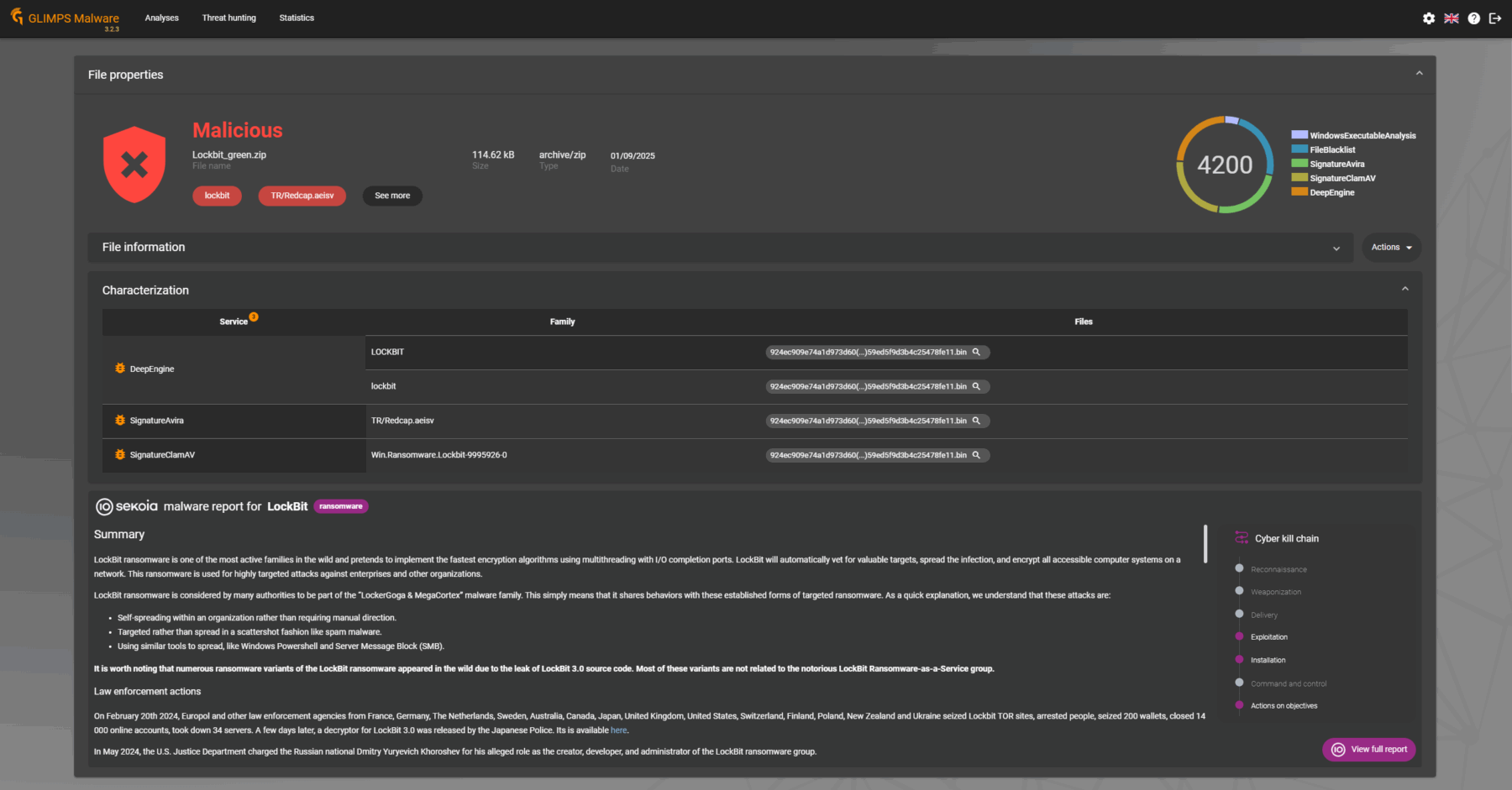 interface glimps malware expert avec la description de la menace